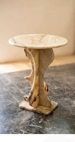 Handcrafted Marble Side Table - Single Pedestal, Cream Veining