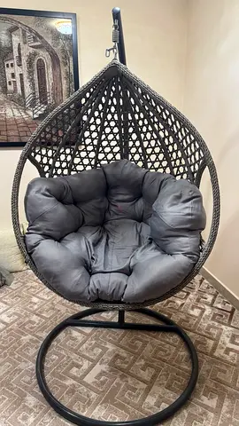 Hanging Egg Chair with Stand — Grey Wicker and Cushions