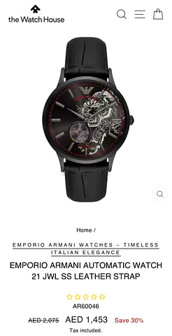 Emporio Armani AR60046 – Automatic, Black Stainless Steel. Original price AED 1,453, selling for AED