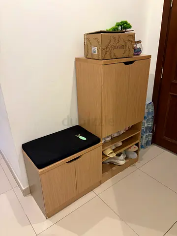 Small Wooden Shoe Cabinet with Padded Seat - Light Oak