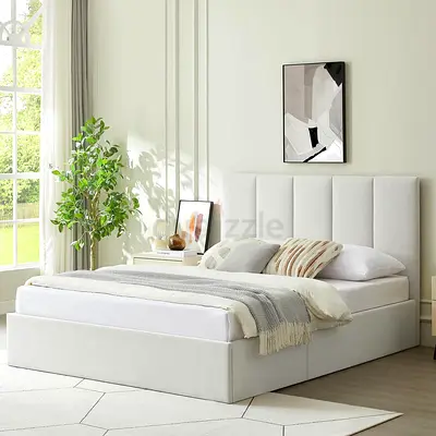 Modern Upholstered Double Bed with Padded Headboard - Light Grey
