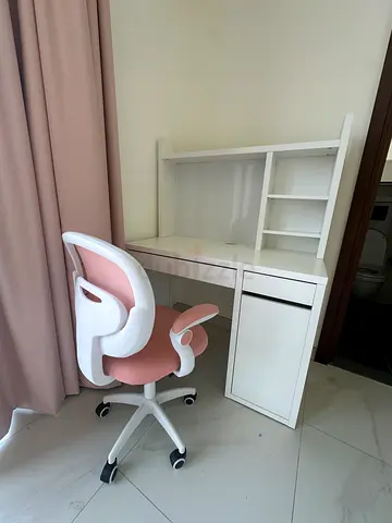 White Study Desk with Storage and Pink Ergonomic Swivel Chair - Good Condition