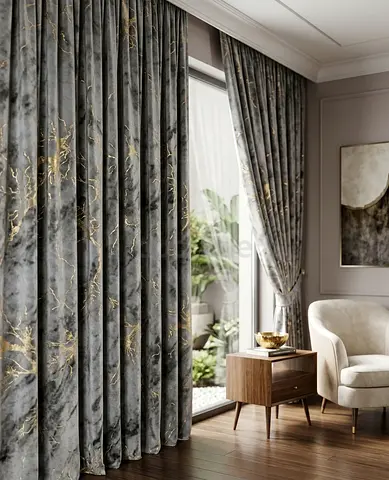 Pair of heavy velvet grey curtains with gold veining — ready-made drapes
