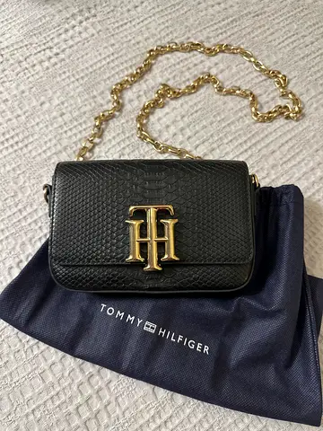 Tommy Hilfiger Black Leather Crossbody Bag with Gold Chain
