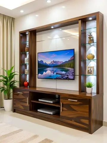 Modern Wooden TV Entertainment Unit with Glass Shelves and Storage