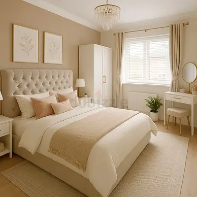 Beige Upholstered Double Bed with Matching Wardrobe and Dressing Table - Complete Bedroom Set