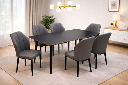 Modern Grey 6 Seater Dining Table Set - Modern Kitchen Chair with Black Metal Legs For Dining Rooms