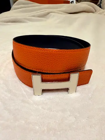 Hermes Orange and black Leather Reversible Belt with H Buckle size 85