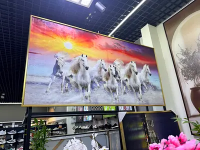 Large Framed Wall Art: White Horses Running at Sunrise