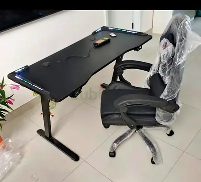 Adjustable Gaming/Study Desk with LED Lights + Ergonomic Office Chair - Black