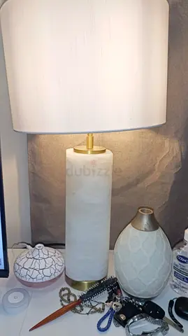 Pair of White Table Lamps with Gold Accents - Modern Ceramic/Stone Finish