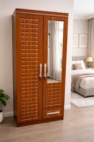 Two-Door Wooden Wardrobe with Mirror and Drawer