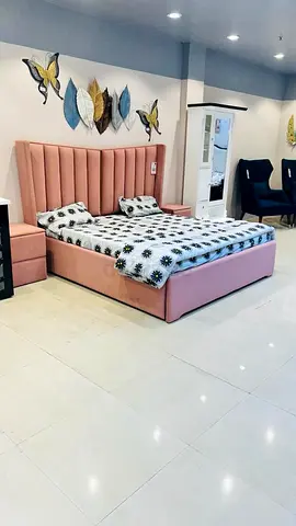 Pink Upholstered King Size Bed with Headboard and Storage