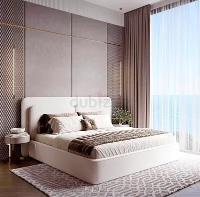 Modern Upholstered Platform Bed with Headboard and Neutral Bedding (Good Condition)