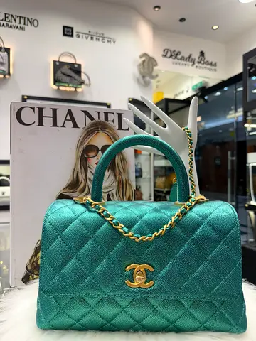 Chanel Metallic Green Quilted Caviar Leather Small Coco Top Handle Bag (Authentic/New)