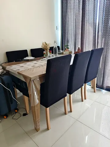 Wooden Dining Table with 6 Black Fabric Chairs - Good Condition