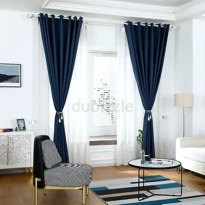 Navy Blue Eyelet Curtains with Sheer White Panels - Set of 2
