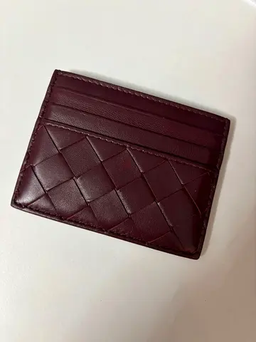 Maroon Leather Card Holder with Woven Detail - Slim Wallet