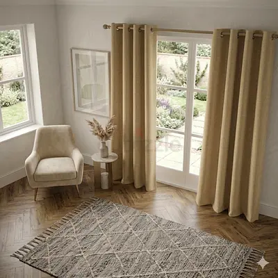 Beige Eyelet Curtains (Pair) - Light-Blocking, Grommet Top