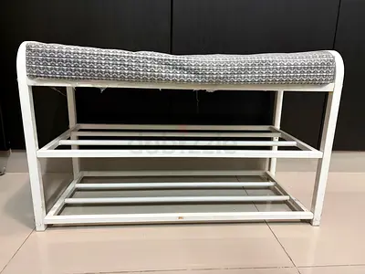 White Metal Shoe Rack Bench with Cushioned Seat