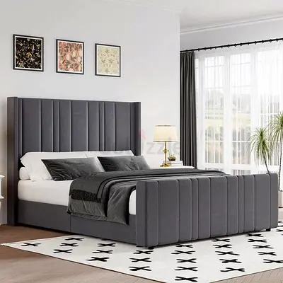 Modern Bedframe King size tall headboard with soft Valvet Fabric, Hydraulic storage can be installed