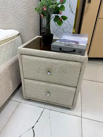 Upholstered 2-Drawer Bedside Table with Crystal Knobs - Light Beige