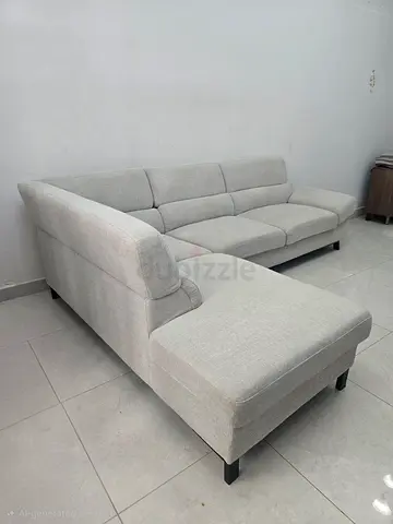 Light Grey L-Shaped Fabric Sofa with Chaise - Good Condition