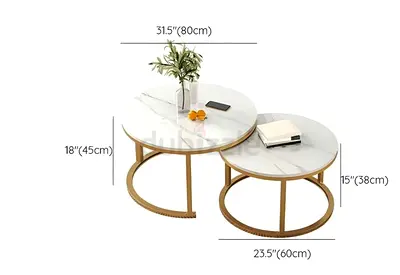 Set of 2 Round Nesting Marble-Top Coffee Tables with Gold Frame
