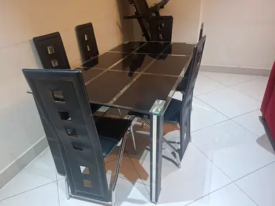 Glass Top Dining Table with 6 Black Leather Chairs - Modern Set
