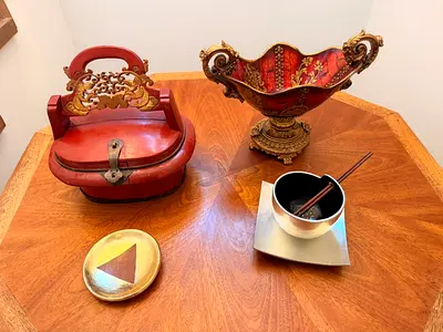 Decorative Vintage Asian Picnic Basket and Assorted Decorative Bowls