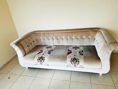 Light Beige 3-Seater Velvet Sofa with Patterned Seat Panels