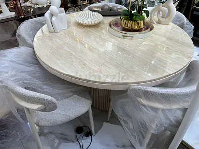 Round Marble Top Dining Table with 6 Upholstered Chairs