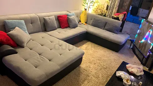 Large u-shaped Grey Fabric Sofa — Comfortable Family Corner Sofa