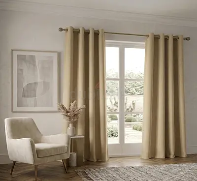 Beige Eyelet Curtains - Pair, Light-Filtering, 2 Panels