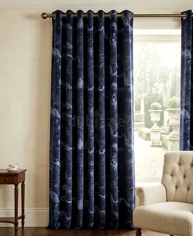 Pair of navy marble-patterned eyelet curtains (ready-made)