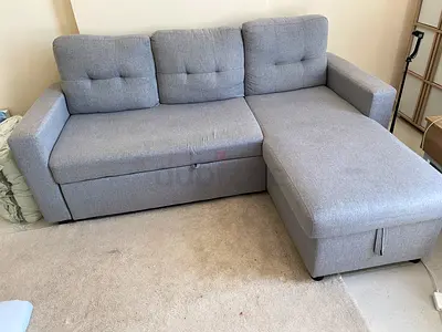 Light grey 3-seater L-shaped sofa with chaise and storage (great condition).