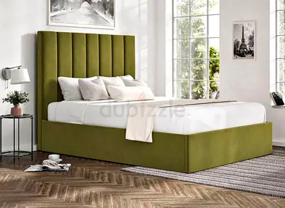 Green Upholstered Double Bed with Tall Padded Headboard - Good Condition