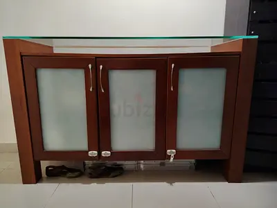 Wooden Sideboard / TV Console with Frosted Glass Panels and Glass Top