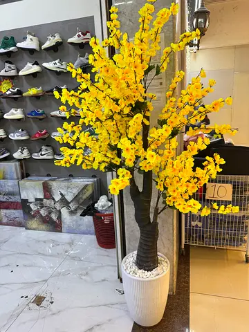 Tall Artificial Yellow Blossom Floor Plant in Decorative White Planter