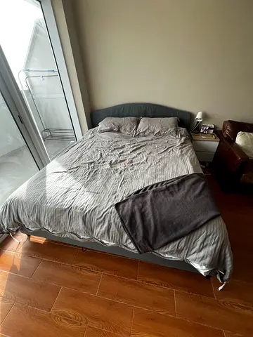 Used Double Bed Frame  mattress  with Upholstered Headboard - Grey