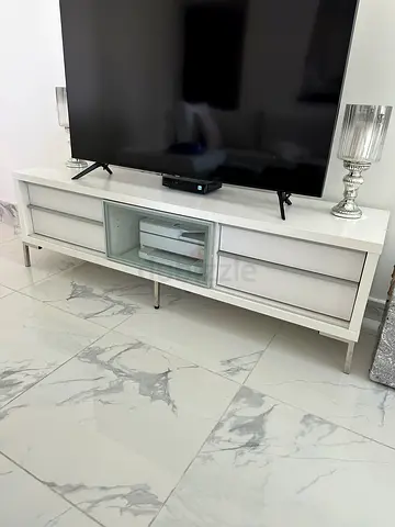 White TV Entertainment Unit with Glass Display and Drawers - Good Condition