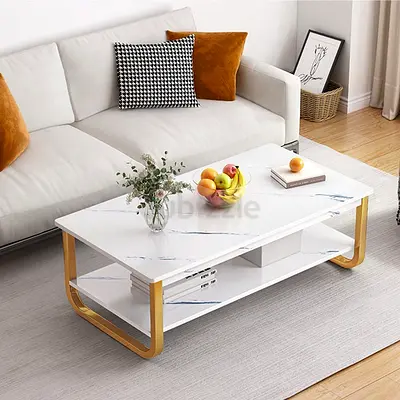 Modern White Marble Top Coffee Table with Gold Frame - Low Profile