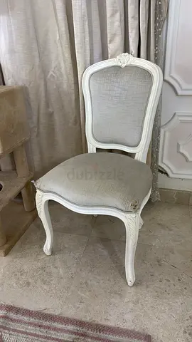Set of 2 Vintage White Custom Solid Wood Carved Dining Chairs — Light Grey Upholstery
