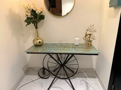 Vintage Industrial Bicycle Wheel Console Table - Rustic Teal Top