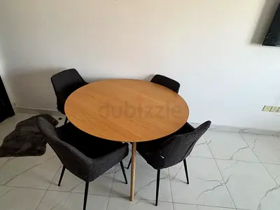 Round Wooden Dining Table with 4 Upholstered Chairs