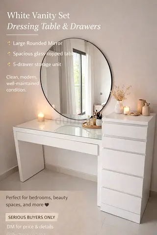 White Dressing Table Vanity Set with 5 Drawers  Round Mirror