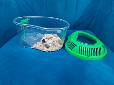 Turtles Small Plastic Habitat Tank with Lid and Decorations and foods - Good Condition