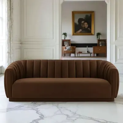 Modern Brown Channel-Tufted 3-Seater Sofa