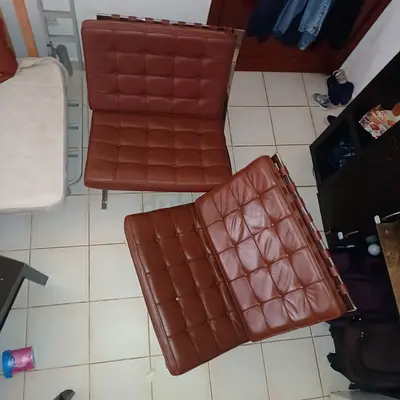 Pair of Brown Leather Barcelona Style Lounge Chairs with steel frame  , 2pcs