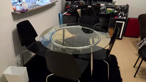 Glass Top Round Dining Table with 4 Black Chairs - Good Condition